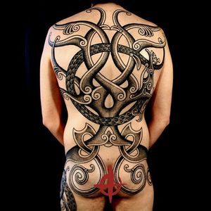 Colin Dale specializes in Norse mythology tattoos. This back piece is inspired by tree Yggdrasil.