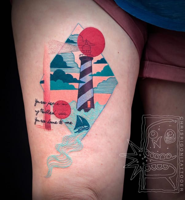 Abstract lighthouse tattoo #ChrisRigoni #abstract #lighthouse #sea #sunset