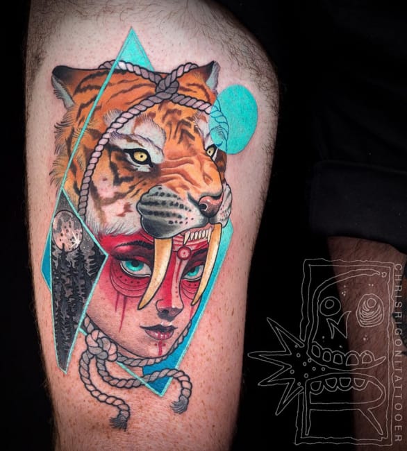 Tiger and women's head tattoo #ChrisRigoni #abstract #tiger #womenshead #traditional