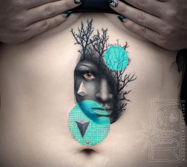 Abstract tattoo of woman's face, tree and neon blue shapes #ChrisRigoni #abstract #tree #face