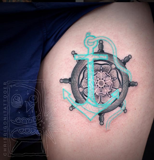 Anchor and tudor rose tattoo by Chris Rigoni #ChrisRigoni #abstract #tudorrose #rose #blackwork #anchor