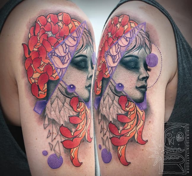 Colorful peony and women's face tattoo by Chris Rigoni #peony #ChrisRigoni #abstract #face