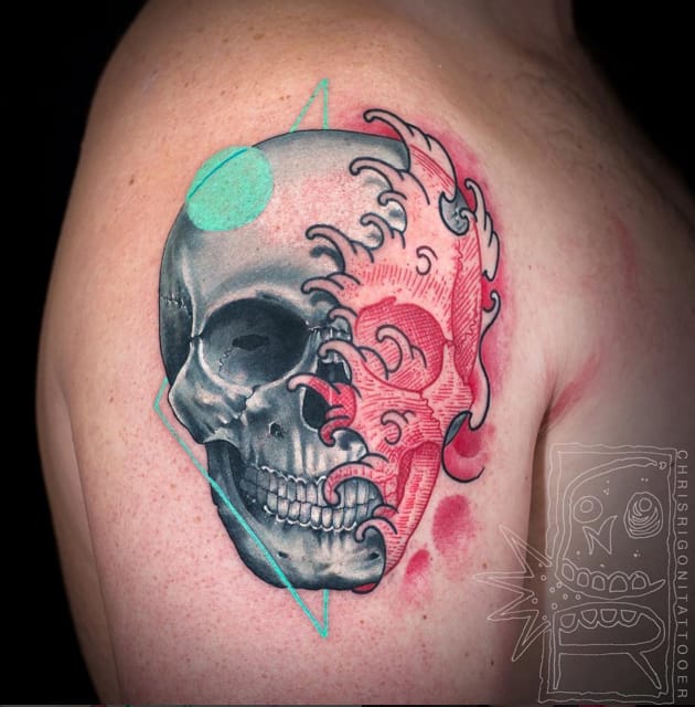 Waves and skull tattoo - so many different styles executed in this fantastic tattoo #ChrisRigoni #skull #waves #watercolor