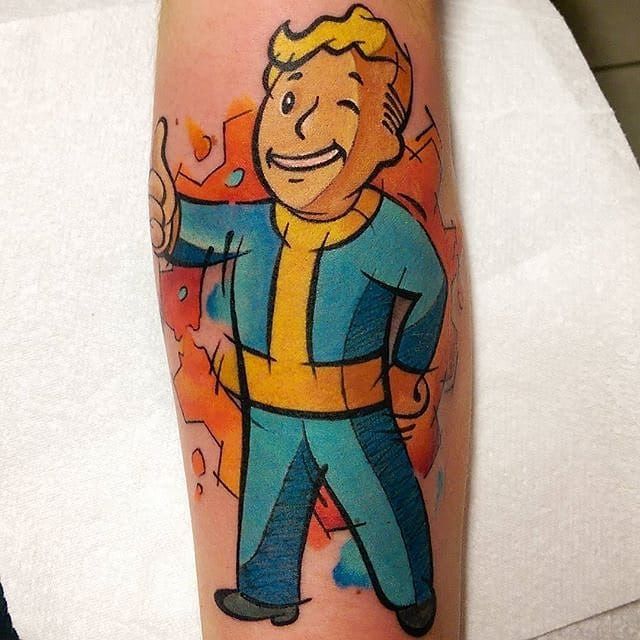 After much deliberation finally got my Vault Boy Tattoo I still have to  get it colored though  rFallout