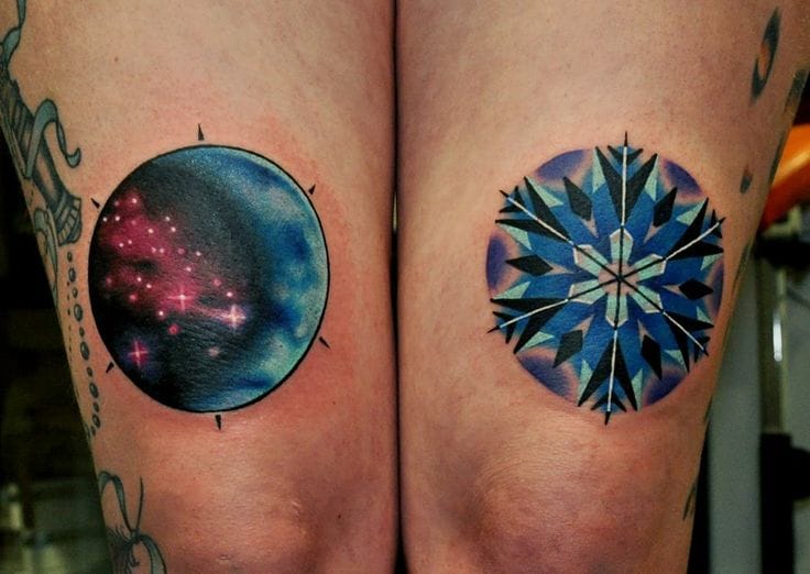 Some of nature's wonders... the stars and a snowflake. Tattoo by Marcin Surowiec.