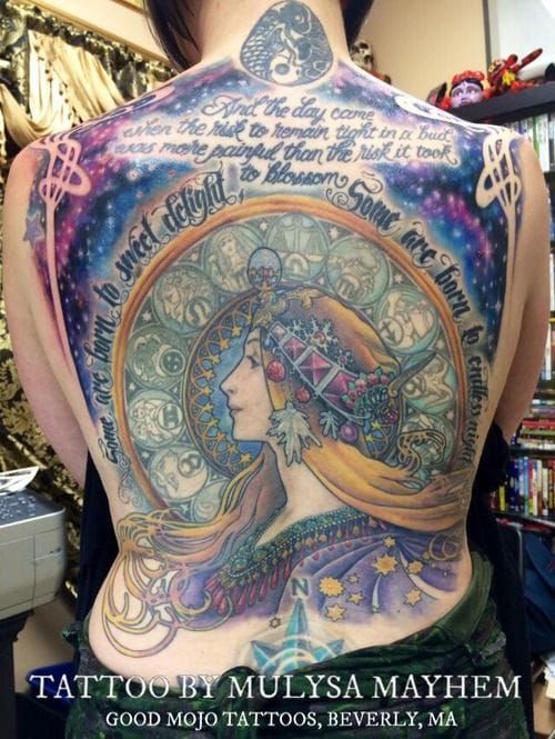 Backpiece inspired by the illustration called Zodiac, by Mulysa Mayhem.