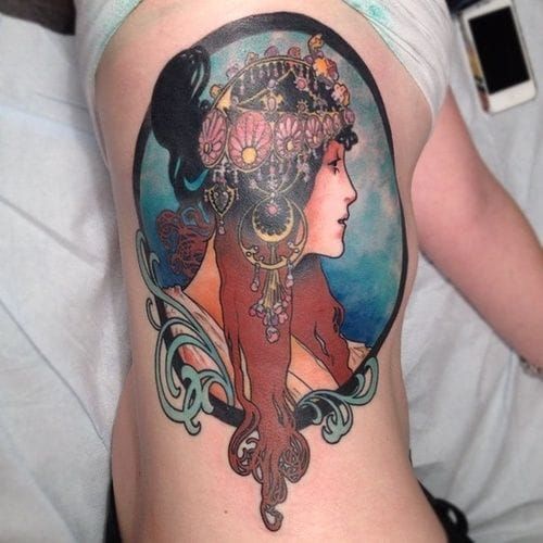 Inspired by one of Mucha's Byzantine Heads, the Brunette. Tattoo artist unknown too.