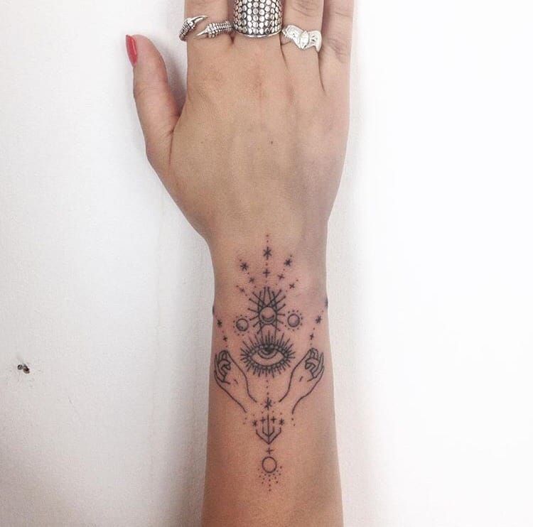 Wrist Tattoo by Tatiana Kartomtem #wristtattoo #handpoke #eye #ornaments #geometric