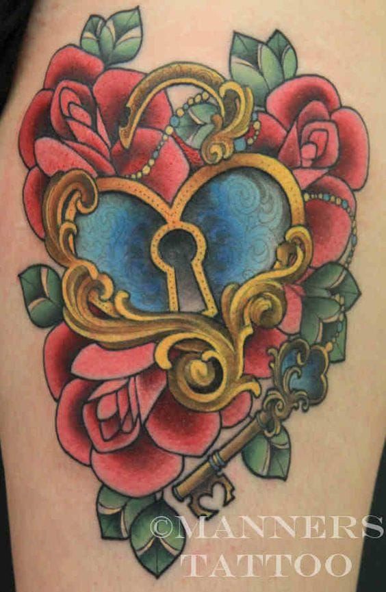 Neotraditional heart locket and roses by Alison Manners