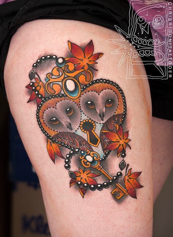 Adorable neotraditional owl heart locket by Chris Rigoni