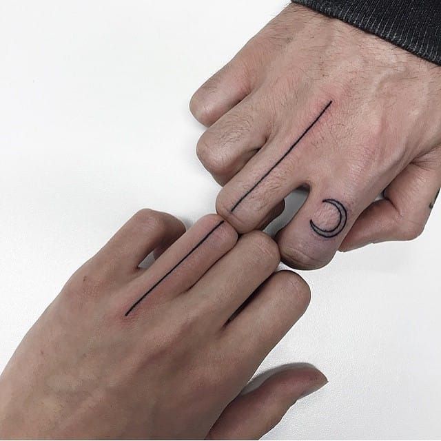 For the minimalist couple. Sweet linework matching couple tattoo #linework #moon #fineline #coupletattoo