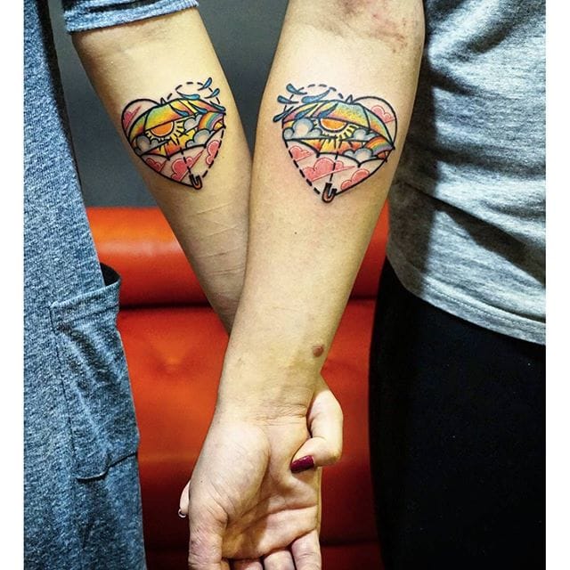 Together through the rain and the sunshine. Matching hearts by Alan Q #coupletattoo #hearts #alanq #rain #sunshine