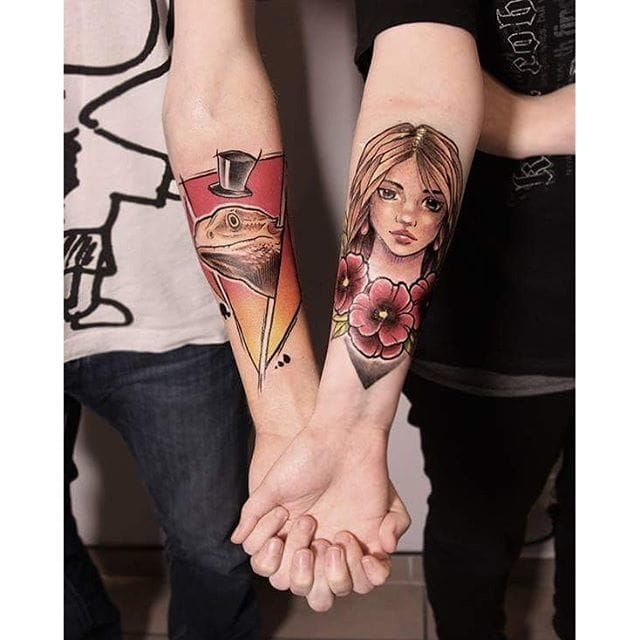 Awesome neo-traditional matching tattoos by Laura Koniecza #matching #coupletattoos #neotraditional