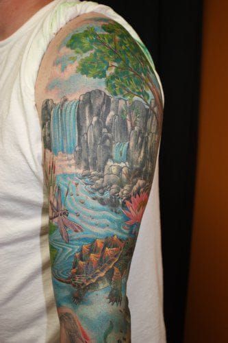 Tattoo uploaded by John Kingston  Waterfall nature mountains wolf  outdoor sleeve  Tattoodo