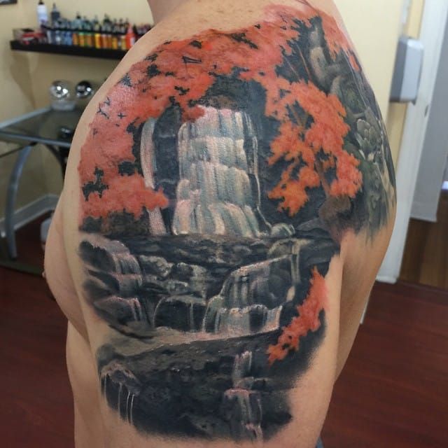 70 Waterfall Tattoo Designs For Men  Glistening Ink Ideas  Waterfall  tattoo Landscape tattoo Half sleeve tattoo