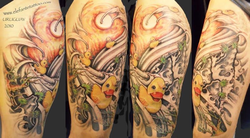 Rubber Ducks Surfing by Elefante Tattoo, Uruguay
