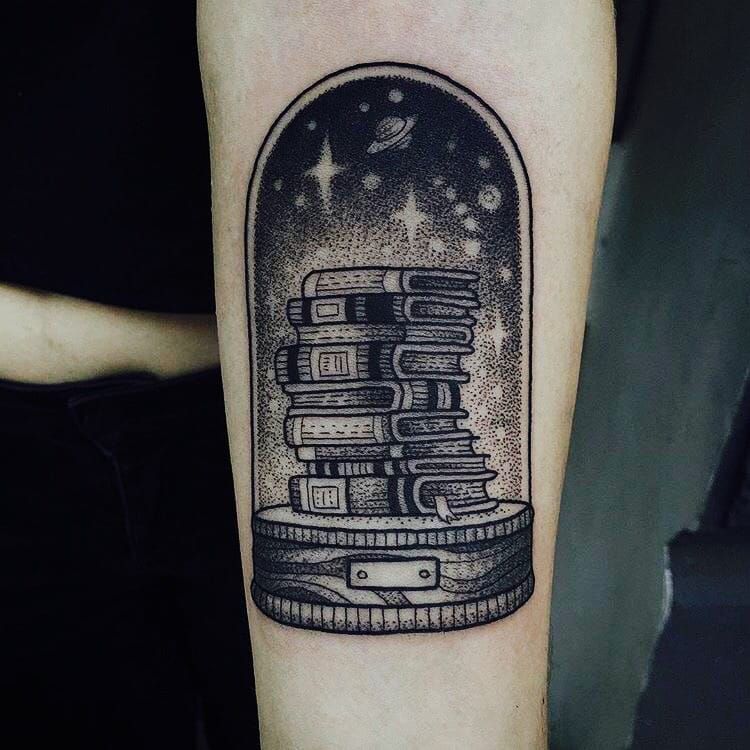 Black and grey book stack tattooed by Kurtis Johansen at Old Souls Tattoo  Parlour in Kansas City Missouri  rtattoos