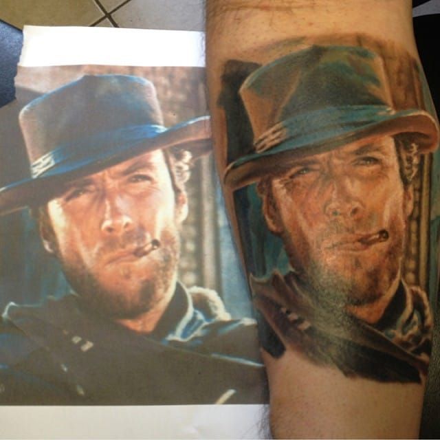 Clint Eastwood by David Garcia  davidgarciatattoo rockstarenergyspain  rockstarenergy radiantcolors r  Movie tattoos Hyper realistic tattoo  Cowboy tattoos