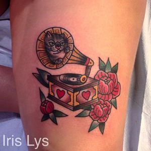 Cat in Gramophone Tattoo by Iris Lys