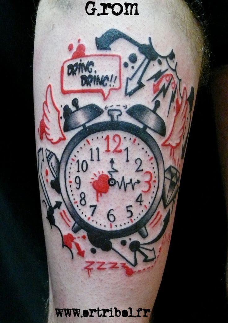 Great graphic tattoo of this waking clock by G.rom of Artribal.