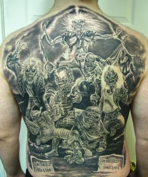 This awesome black and grey back piece shows various incarnations of Eddie through the years