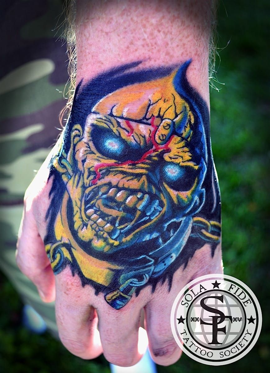 A close up from the "Piece of Mind" album from 1983. Photo by Sola Fide Tattoo Society