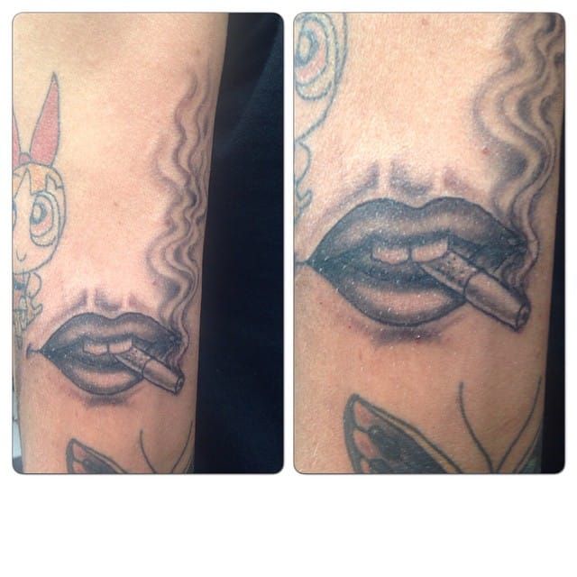 Sexy smoking mouth tattoo by Agnes Bok