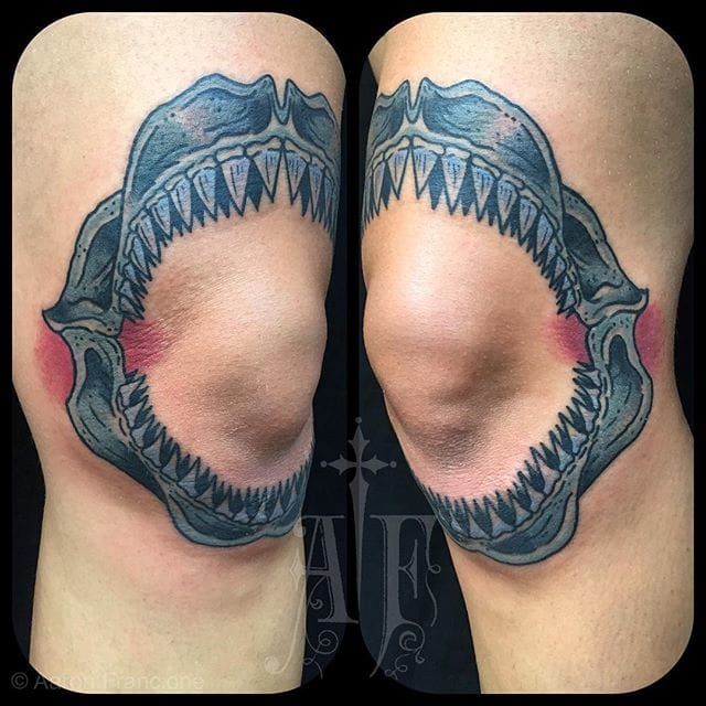A Sailors Grave Tattoo Studio Belfast  marthyluck had great fun with  this one a shark jaw right around the knee  Thanks so much for the trust  Savannah especially as it