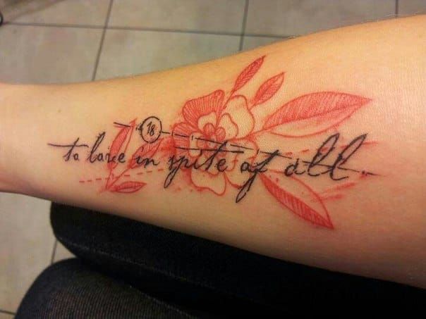 Red writing tattoo love  Writing tattoos Cursive tattoos Red tattoos