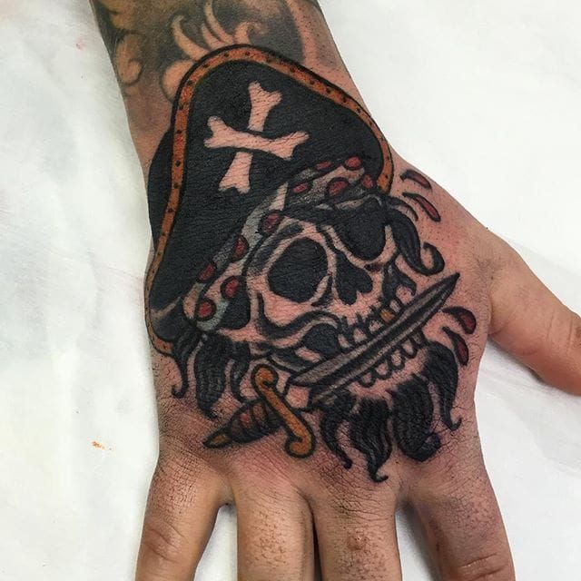 Skull pirate flower tattoo oldschool traditional by Vision Renato  Pirate  skull tattoo designs Knee tattoo Pirate tattoo