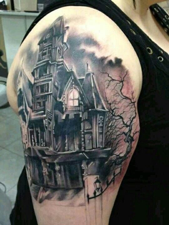 Lovely haunted house tattoo by Antony von Ratcorpse If youre in New  Zealand  Home tattoo Haunted house tattoo Tattoos