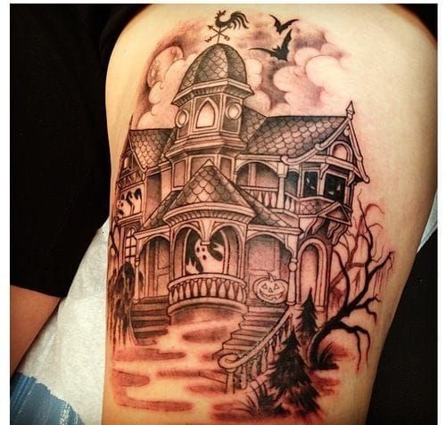 14 Creepy  Cool Haunted House Tattoos  Tattoos Haunted house tattoo  Horror tattoo
