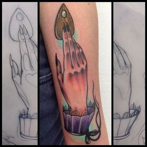 Guiding hand, sketch and final tattoo.