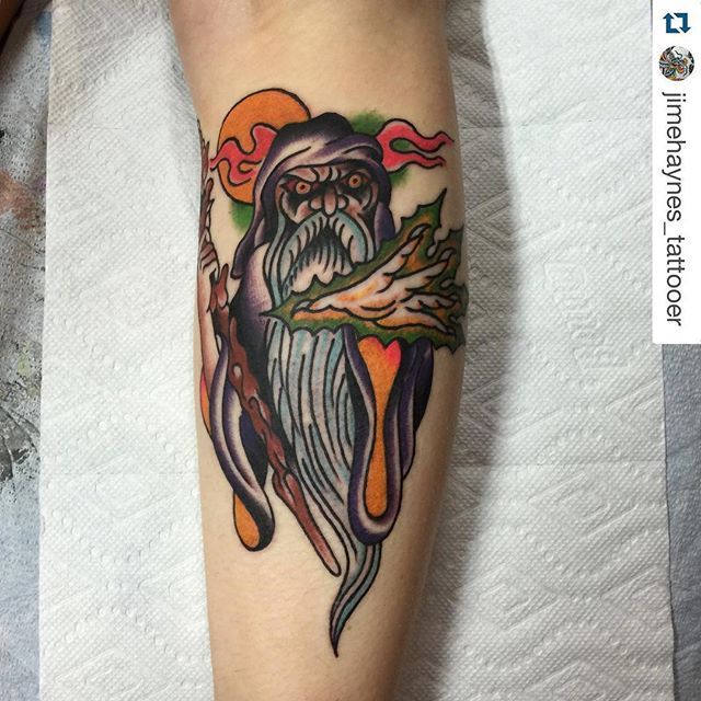 Traditional style wizard tattoo done on the calf