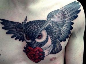 Owl With Diamond Heart Tattoo on Chest. Done by Inma from The Family Business in London.