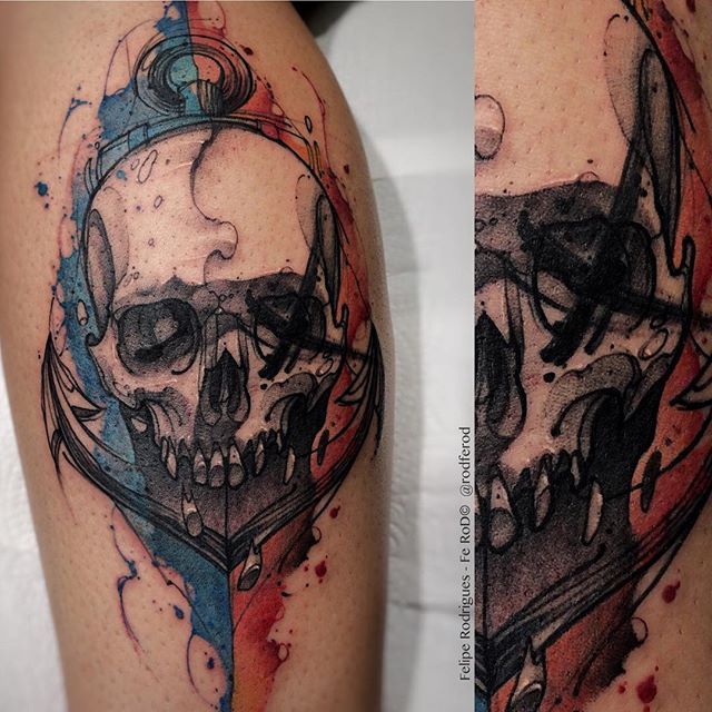 Watercolor Skull Done by Rocket at Big Guns Tattoo Oshkosh WI  rtattoos