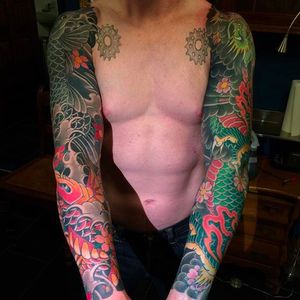 Amazing dragon and koi sleeve tattoos #MarcoSerio #dragon #koi