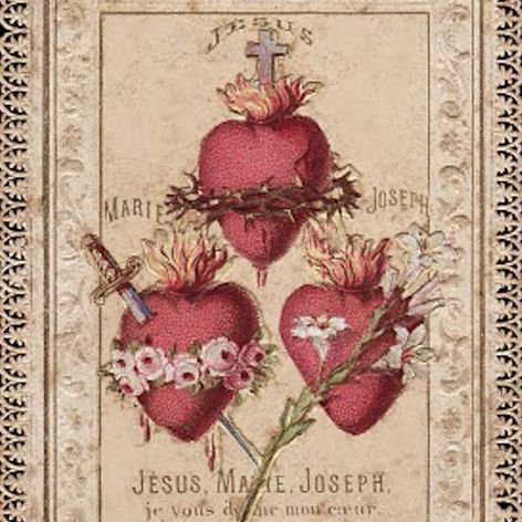 Vintage image showing the Sacred Hearts of Jesus, Mary and Joseph. 