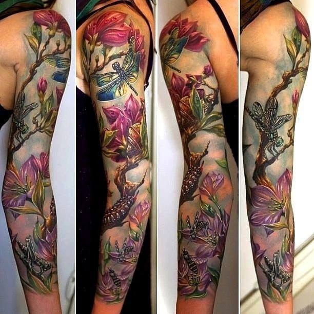 Dragonfly, caterpillar, grasshopper and flowers; full sleeve realism by Rom Azovsky