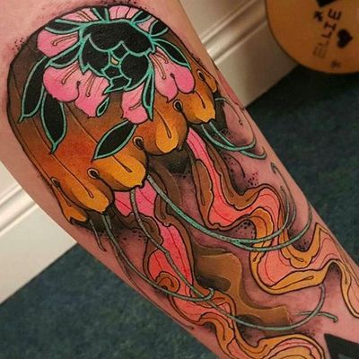 Jellyfish peony flower tattoo by Elliott Wells #peony #peonies #flower #japanese #ElliottWells #triplesixstudios #jellyfish