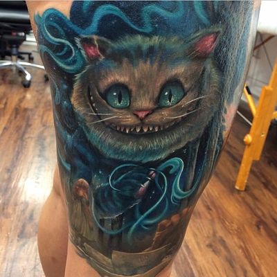 Tattoo by Kyle Cotterman. #cheshirecat #aliceinwonderland #KyleCotterman