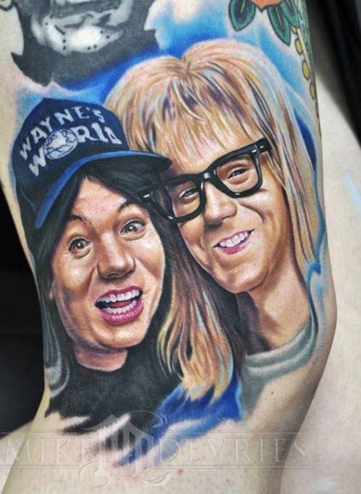 "Benjamin is nobody's friend. If Benjamin were an ice cream flavor, he'd be pralines and dick. " Mike DeVries does some caricature of Wayne's World #movie #movietattoo #mikedevries