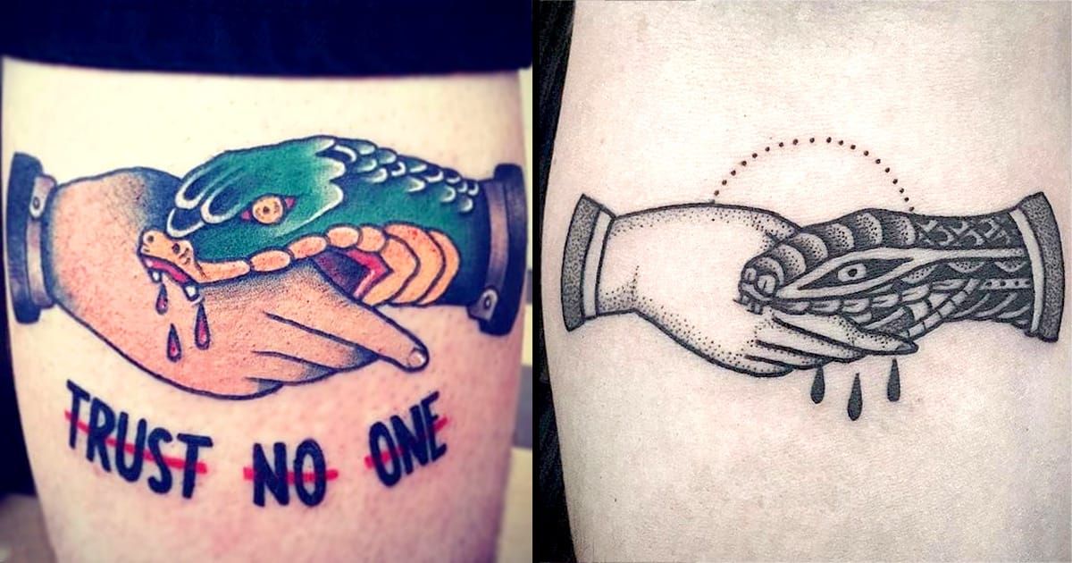 The Hand that Bites Snake Handshake Tattoos • Tattoodo