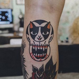 Cat Tattoo by Woo Tattooer #cat #skull #catskull #mouth #cattattoo #WooTattooer