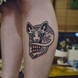 Cat Tattoo by Woo Tattooer #cat #catskull #skull #mouth #cattattoo #WooTattooer