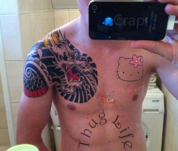 Killer combo bro! Japanese dragon, "thug life," and hello kitty. And what's that thing in the in the middle??