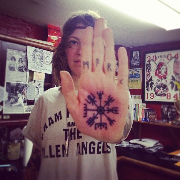 Palm compass tattoo, artist unknown. #compass #geometric