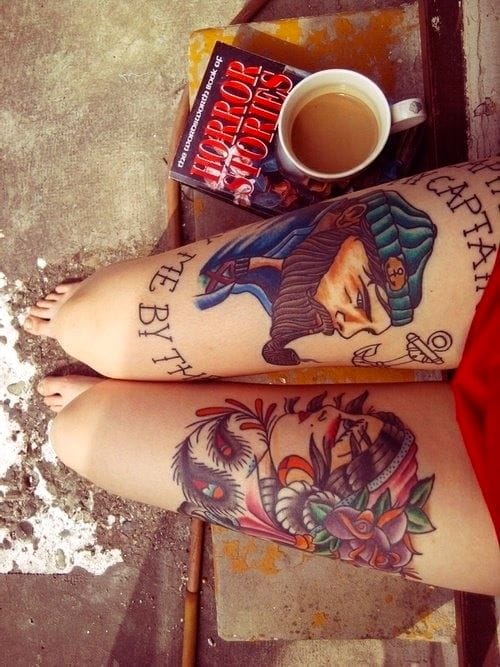 Exceedingly well done traditional portraits, creatively facing each other. Traditional thigh tattoo, artist unknown #traditional #portrait #thigh