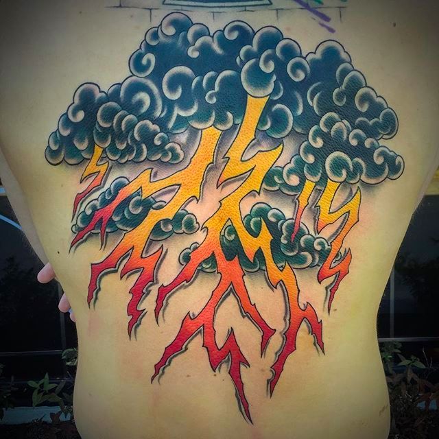 Realistic lightning striking shoulder tattoo design