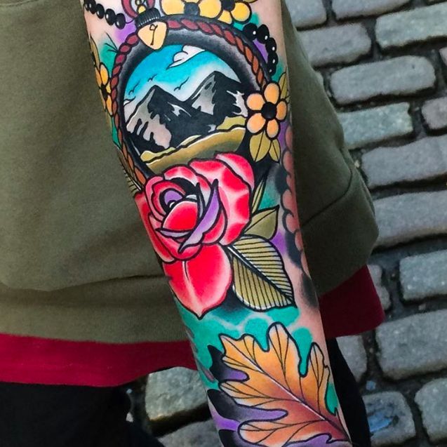 traditional rose sleeve tattoo